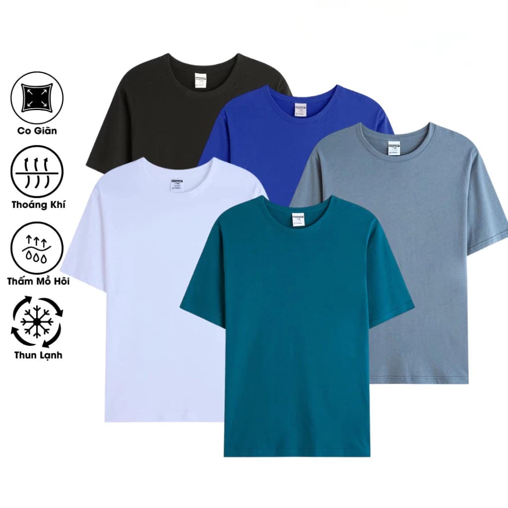 Combo 5 áo thun trơn đẹp cộc tay giá rẻ, vải cotton thun lạnh co giãn 4 chiều , thấm hút mồ hôi, Mặc thoáng mát.