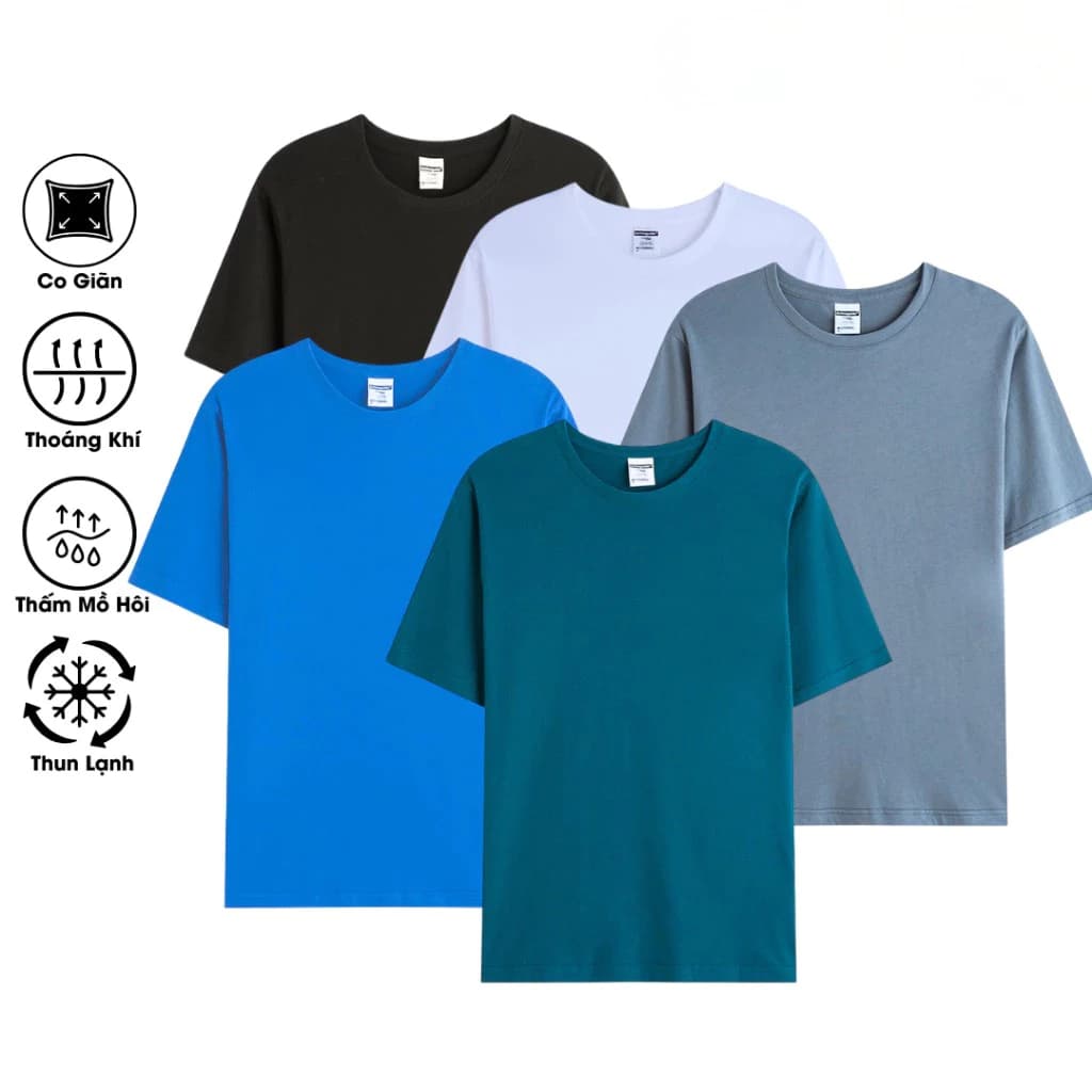 Combo 5 áo thun trơn cộc tay cổ tròn vải cotton thun lạnh co giãn 4 chiều, thoáng mát, áo thun basic thể thao nam đẹp.