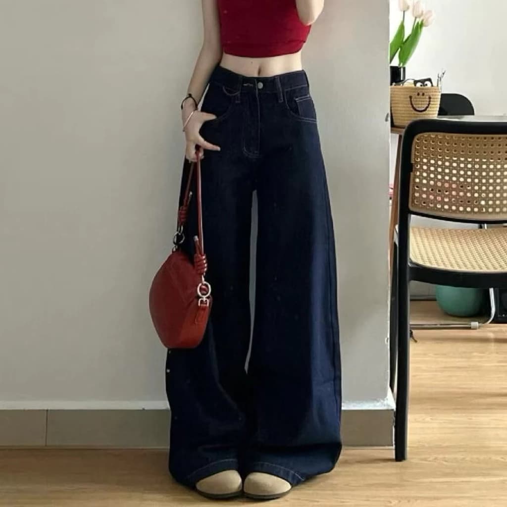 Quần jeans ống rộng trơn màu xanh than hottrend