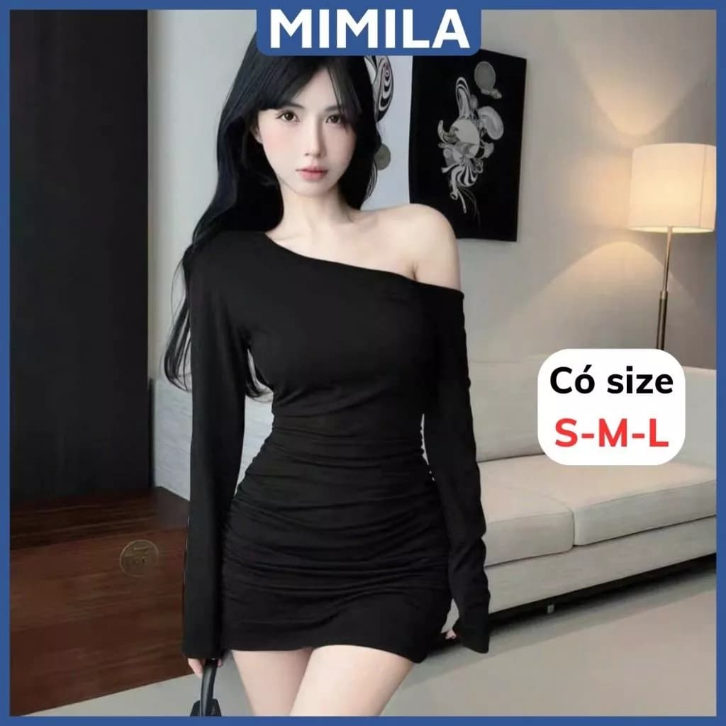 [CÓ SIZE] Đầm Váy Body Liền Thân Dài Tay Lệch Vai MIMILA Trễ Vai Ôm Body Tôn Dáng Mặc Thu Đông Chất Thun Tăm QC - MBD143