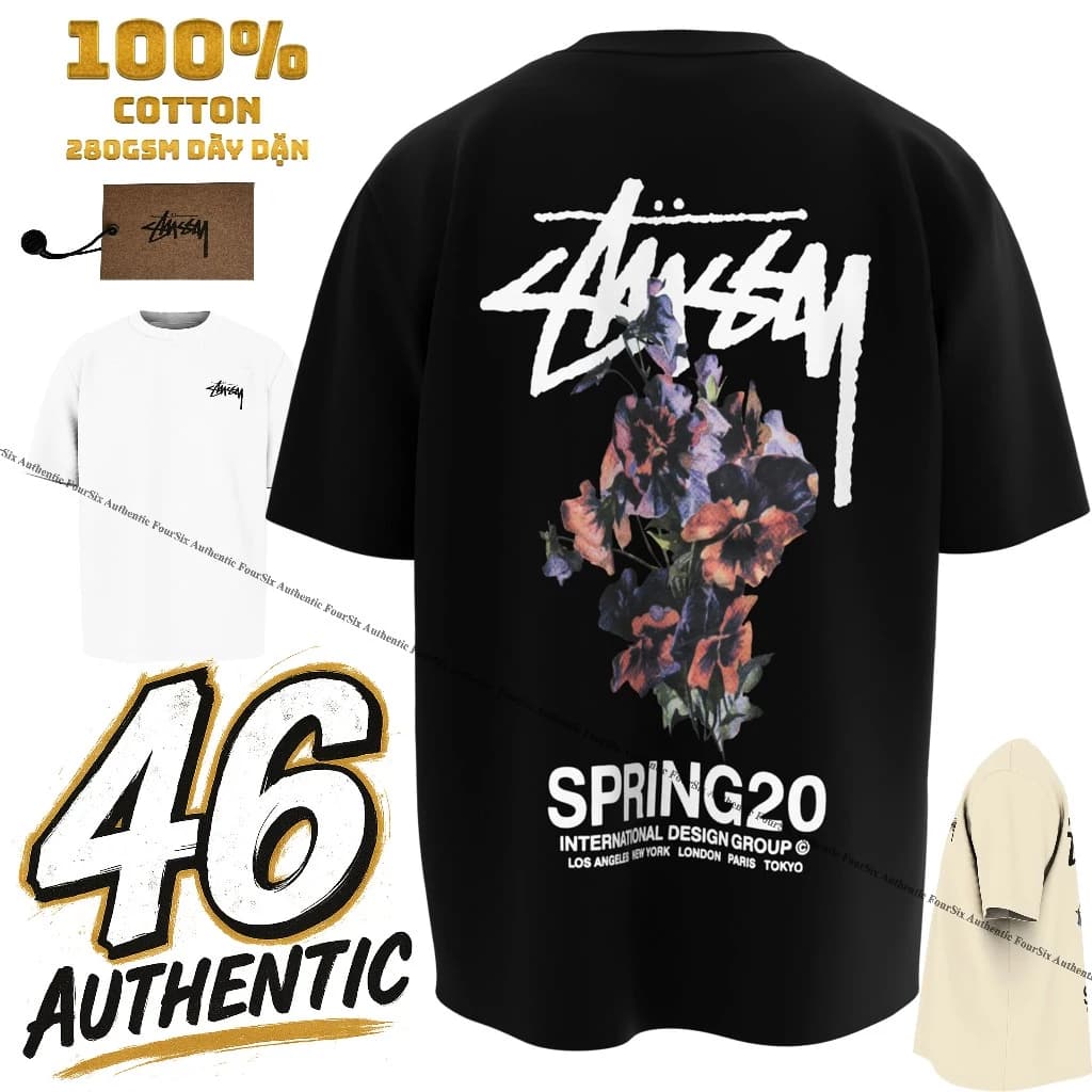 [Cao Cấp] Áo Thun Stu.ssy Floral Spring20 | 100% Cotton | 280GSM | Oversize | FourSix. Hàng QC -2026 -authentic