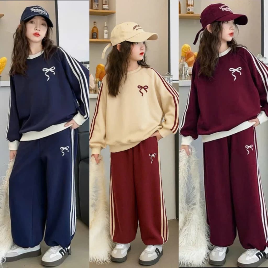 Sét Bộ Đồ Nỉ Thu Đông Thêu Nơ Thể Thao  Cá Tính Dễ Thương Dành Cho Bé Gái 13-43kg Chất Liệu Nỉ Dày Dặn  Ấm Áp Cho Mùa Đô