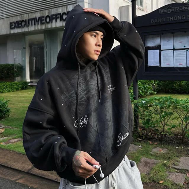 Áo Hoodie KING CRY ĐÍNH ĐÁ HOODIE Nỉ BÔNG FROM rộng 380gms Dáng Boxy Nam Nữ Unisex FAFIC STUDIO