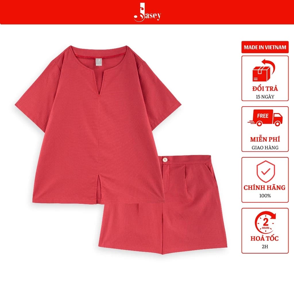 Bộ đũi nữ áo cổ viền tròn JASEY, Bộ nữ quần đùi vãi đũi mềm mịn mát nhẹ thoáng mát mã 3510