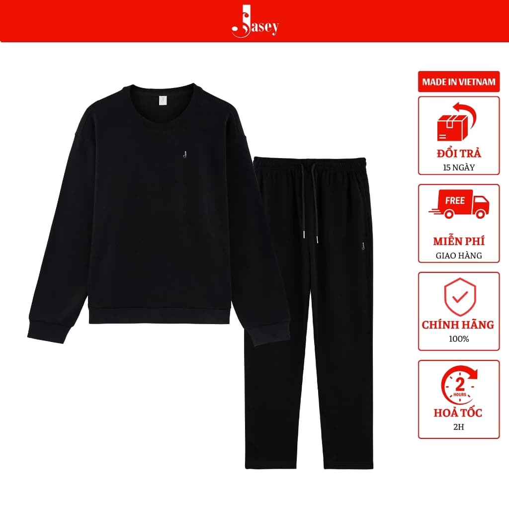 Bộ thể thao nam  JASEY, bộ thu đông đen trơn chuẩn size mã 2123