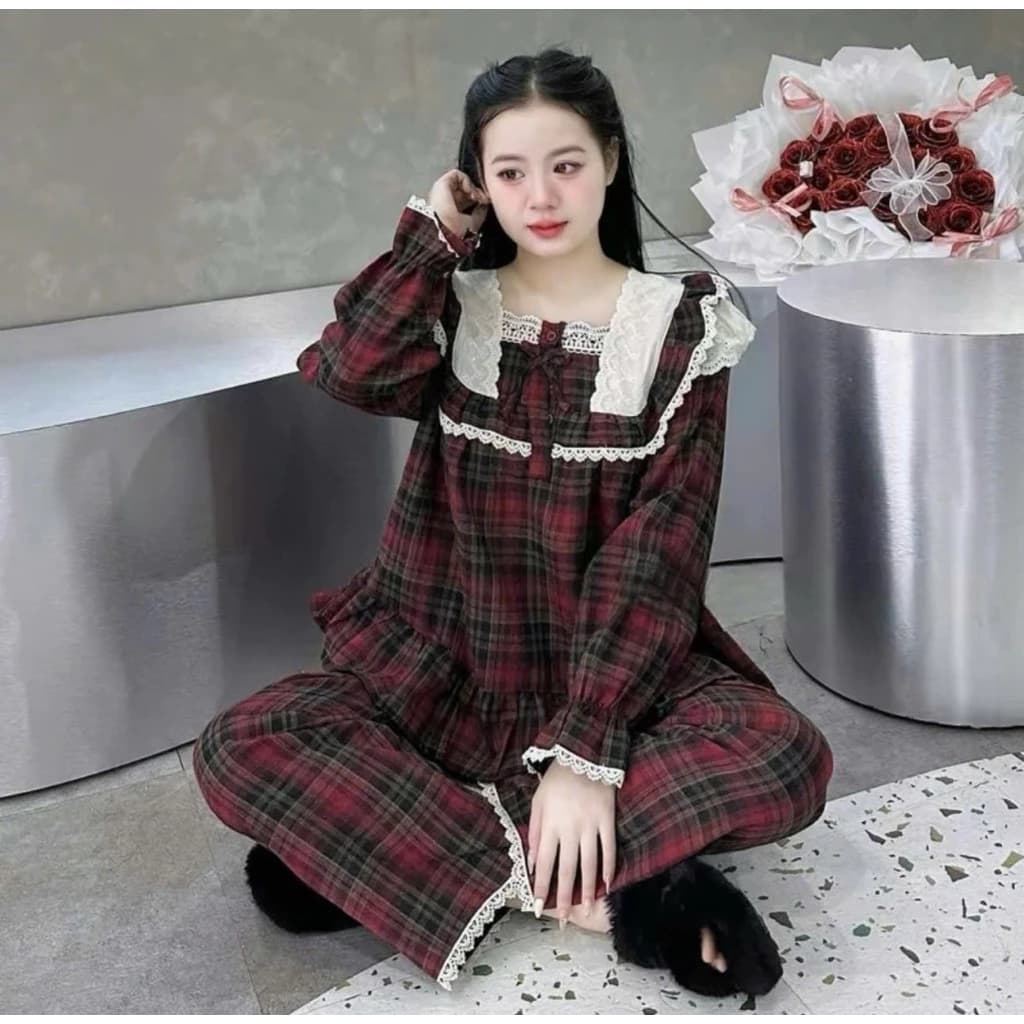 Sét đồ pijama dài tay cho nữ , đồ mặc nhà nữ kiểu dáng baybydoll pha ren kẻ caro cổ vuông (A002)