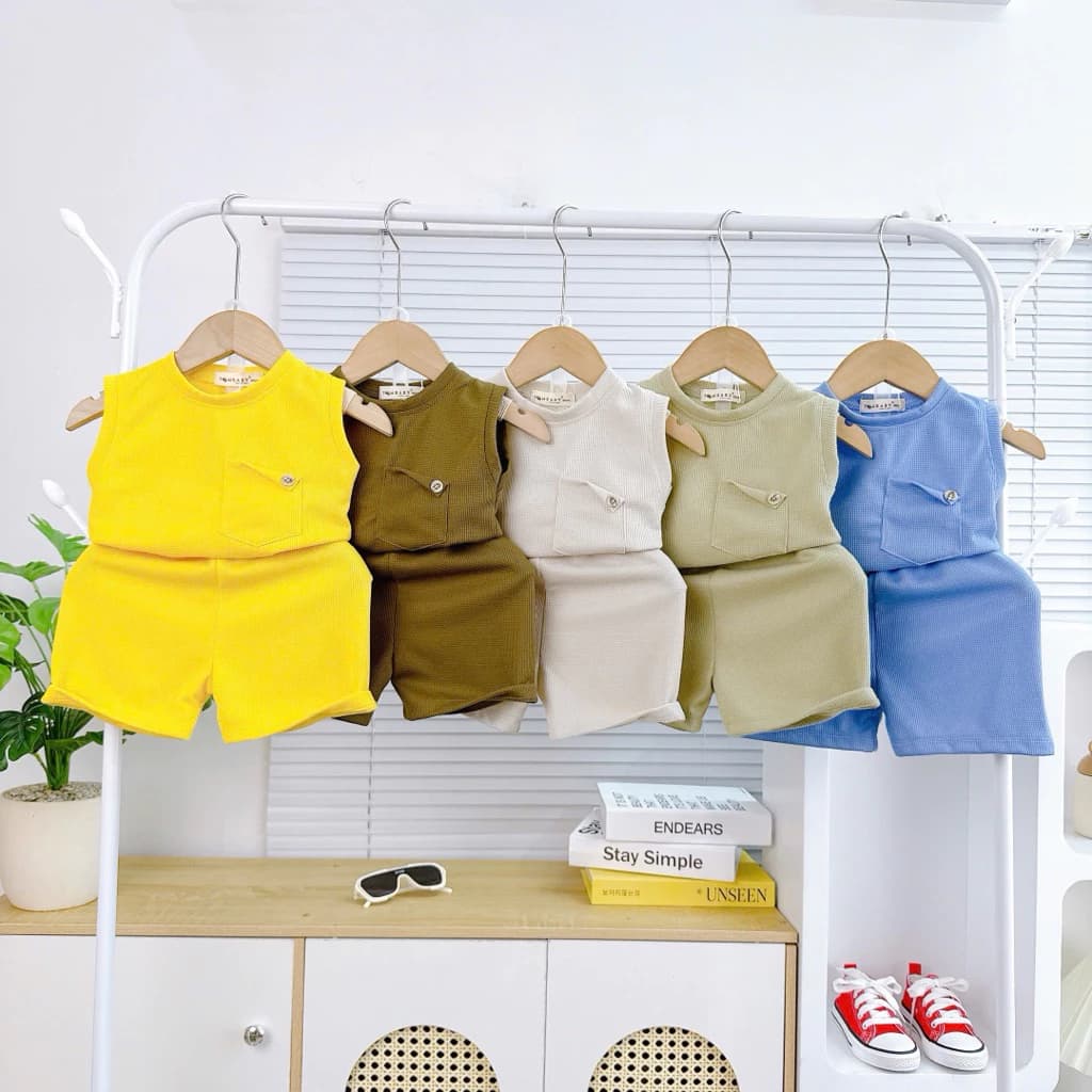 [Tăng Size] BL023(8-28kg) Bộ Ba Lỗ Thun Tổ Ong Phối Túi Cho Bé
