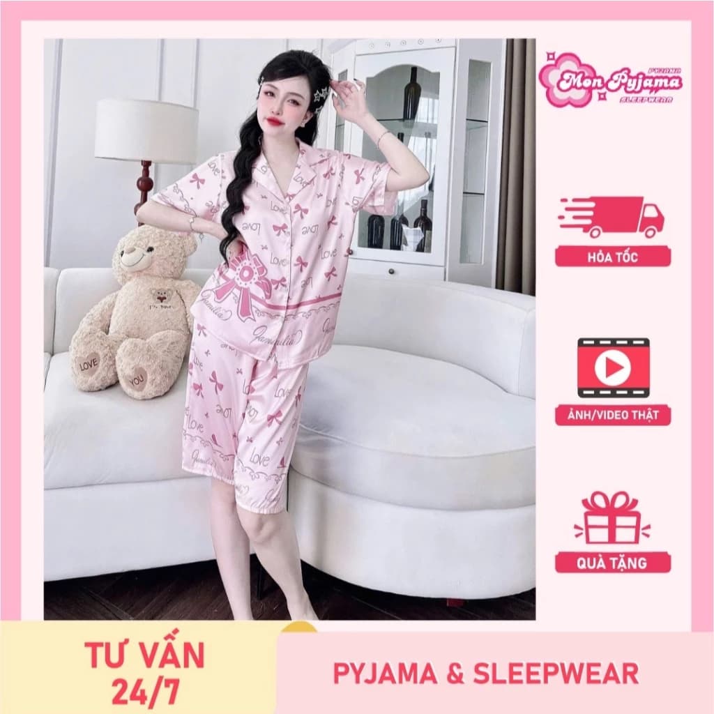 Đồ ngủ lụa lạnh cao cấp,đồ bộ nữ đồ mặc nhà,pijama quần lửng mịn mát họa tiết dễ thương hottrend[03]