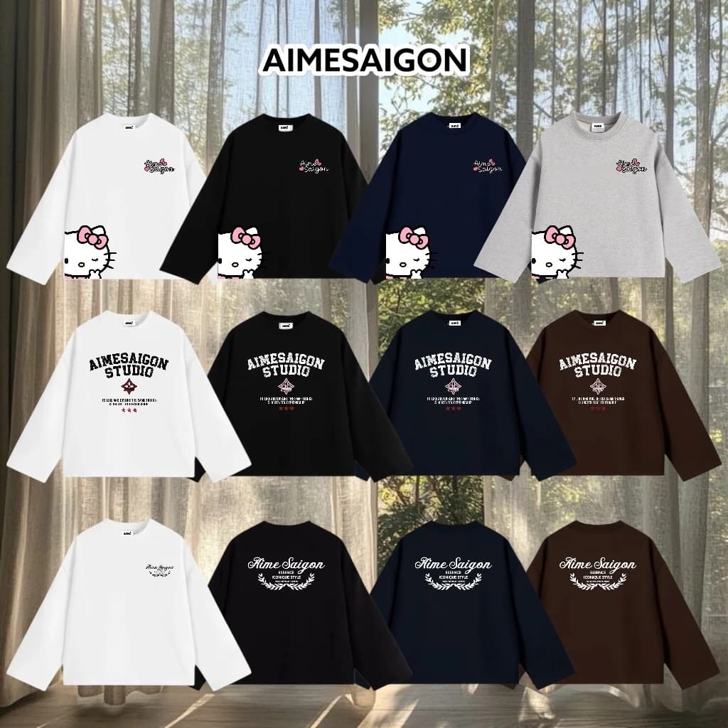 [ATD02 Ver2] Aimesaigon Áo Thun Tay Dài Long Sleeve Boxy AIMÉ Form Rộng Cổ Tròn "Mèo Kitty - Chữ" Unisex Nam Nữ Basic