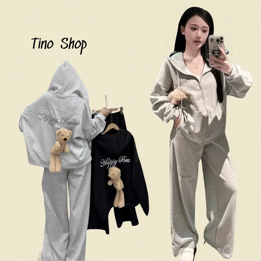Set bộ nỉ thêu chữ Happy kèm gấu dễ thương, áo khoác nỉ thêu chữ phối viền mí kèm quần ống suông Tino chất liệu nỉ bông