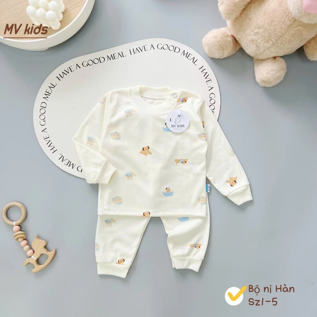 [Loại Nỉ Đẹp] Set 5 Bộ Nỉ Hàn Thu Đông Dày Dặn Ấm Áp Nền Kem In Họa Tiết Cho Bé 3-13kg