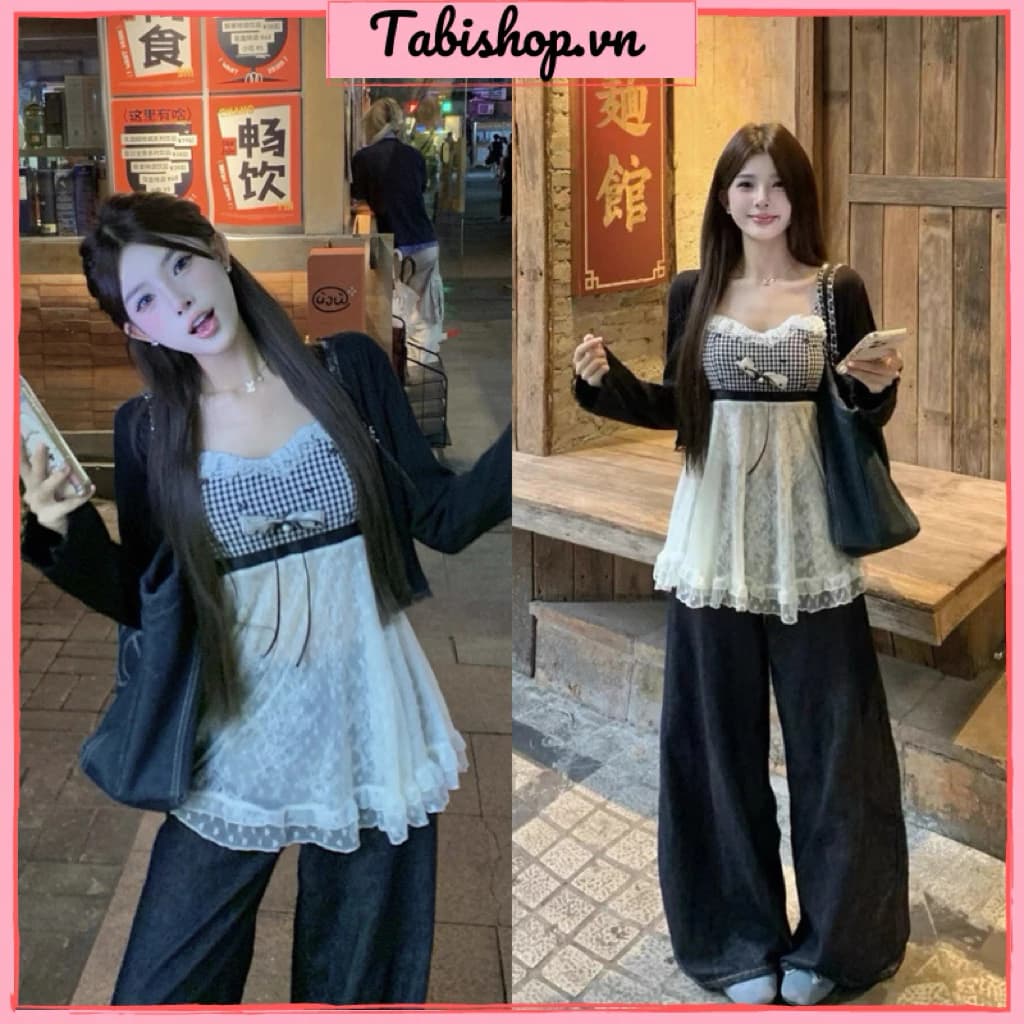 Set áo babydoll 2 dây caro ren phối khoác cardigan TABISHOP Set áo nữ dễ thương dễ phối đồ(243)