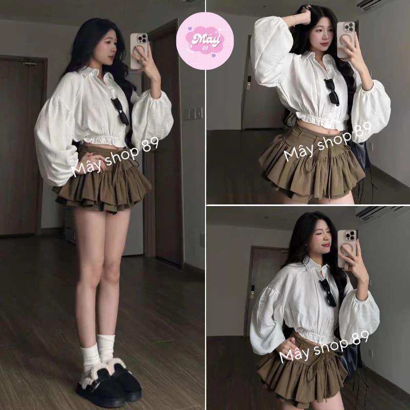 Set Áo Sơ Mi Dáng Croptop Tay Bồng Chun Dưới Kèm Chân Váy Dáng Xoè Tầng Mix Dây Đai Siêu Xinh MS111
