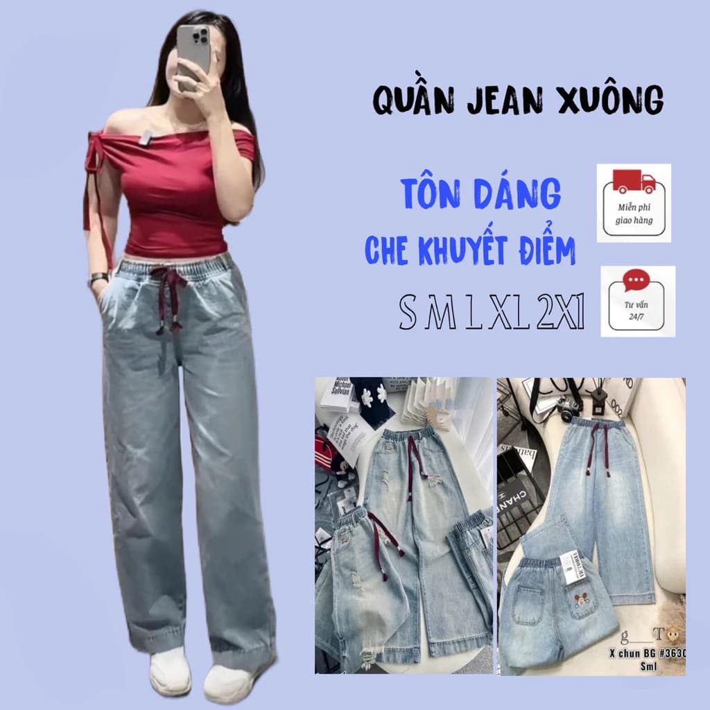 [DEAL MỞ BÁN ] Quần Jean Xuông lưng thun thêu hình Cún dễ thương