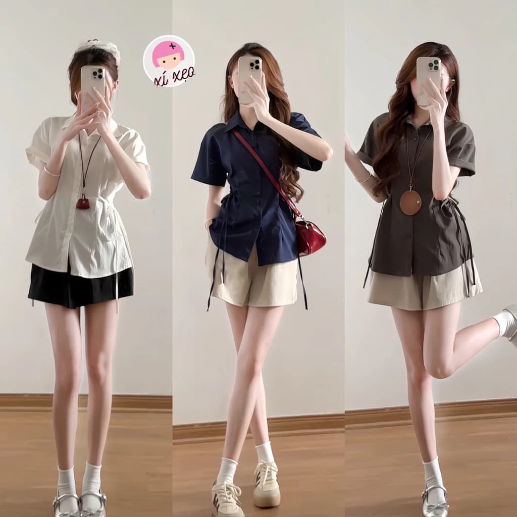 Set áo sơ mi đũi XIXEOSHOP phối dây buộc hai bên eo kèm quần short cạp chun - S160
