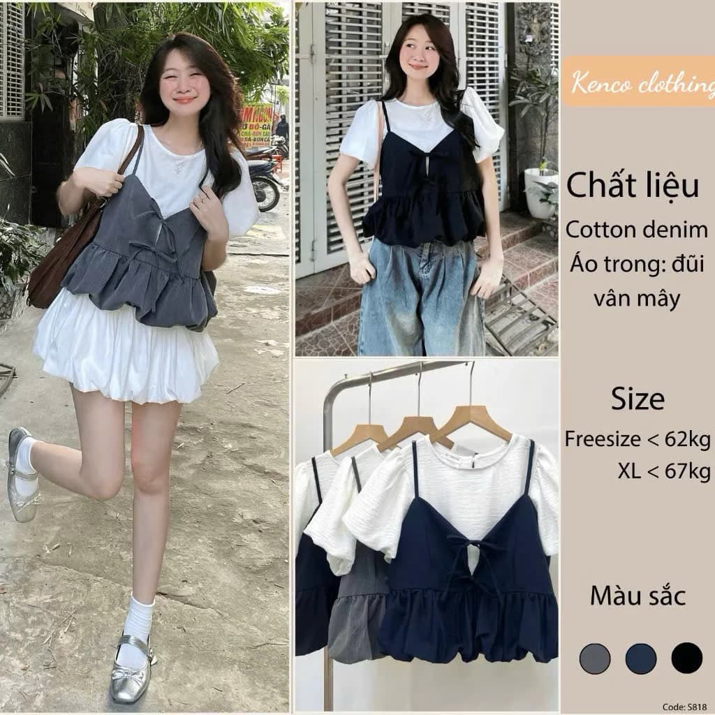 Set Áo Đũi Tay Bồng Kèm Yếm 2 Dây Nơ Trước Phối Dáng Bí (Có Lẻ Áo) S818 Kenco clothing Thời Trang Nữ
