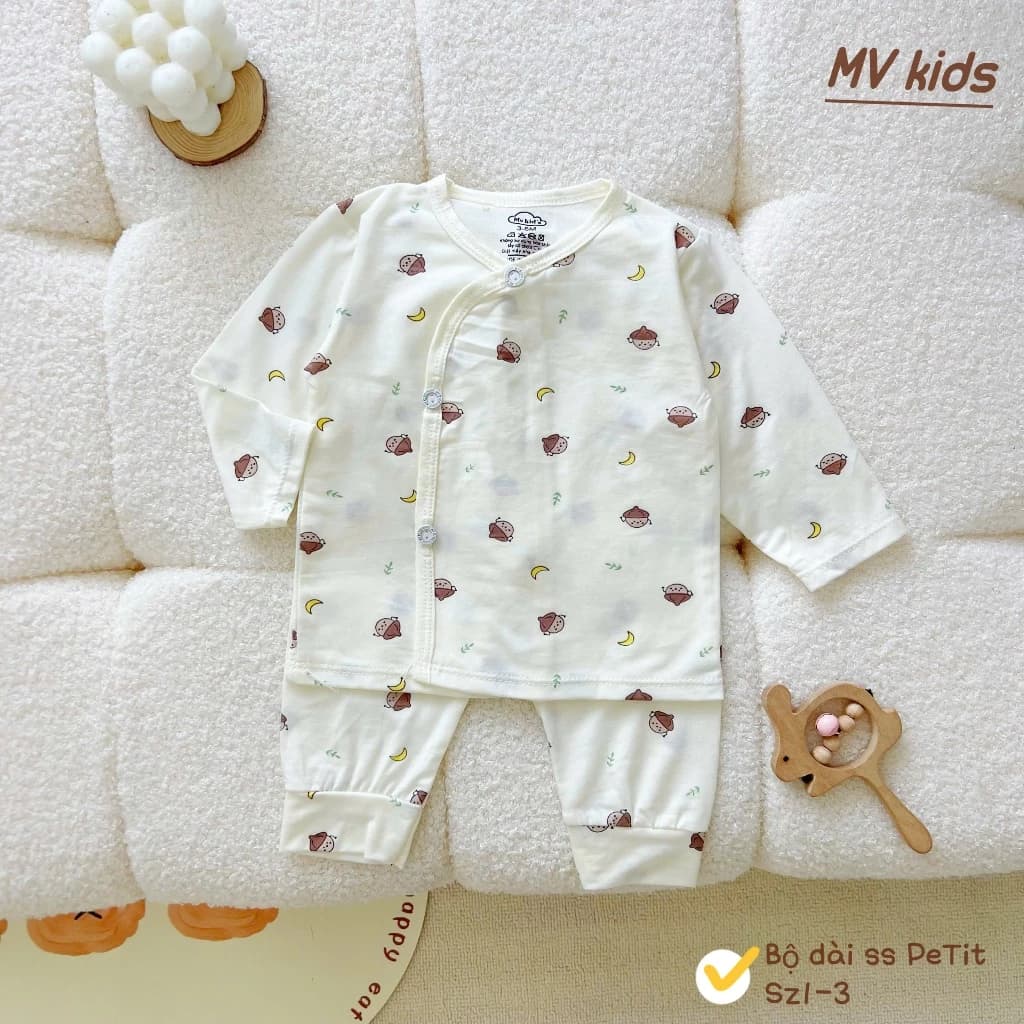 [Loại Đẹp] Combo 3 bộ dài tay cúc lệch MV chất peptit cao cấp in hoạ tiết đáng yêu cho bé 0-9 tháng