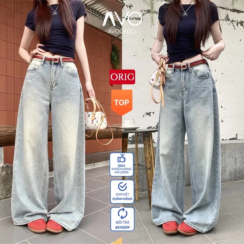 Quần Jean Bò Nữ Ống Rộng Suông Cạp Cao Avocado Wash Màu Vintage Cạp Cao Đứng Form Ống Rộng 25-27cm