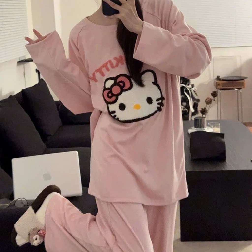 Bộ ngủ mặc ở nhà fom rộng cho Nữ in hình kitty chất nỉ đẹp 2 màu Hồng Xám xinh xắn
