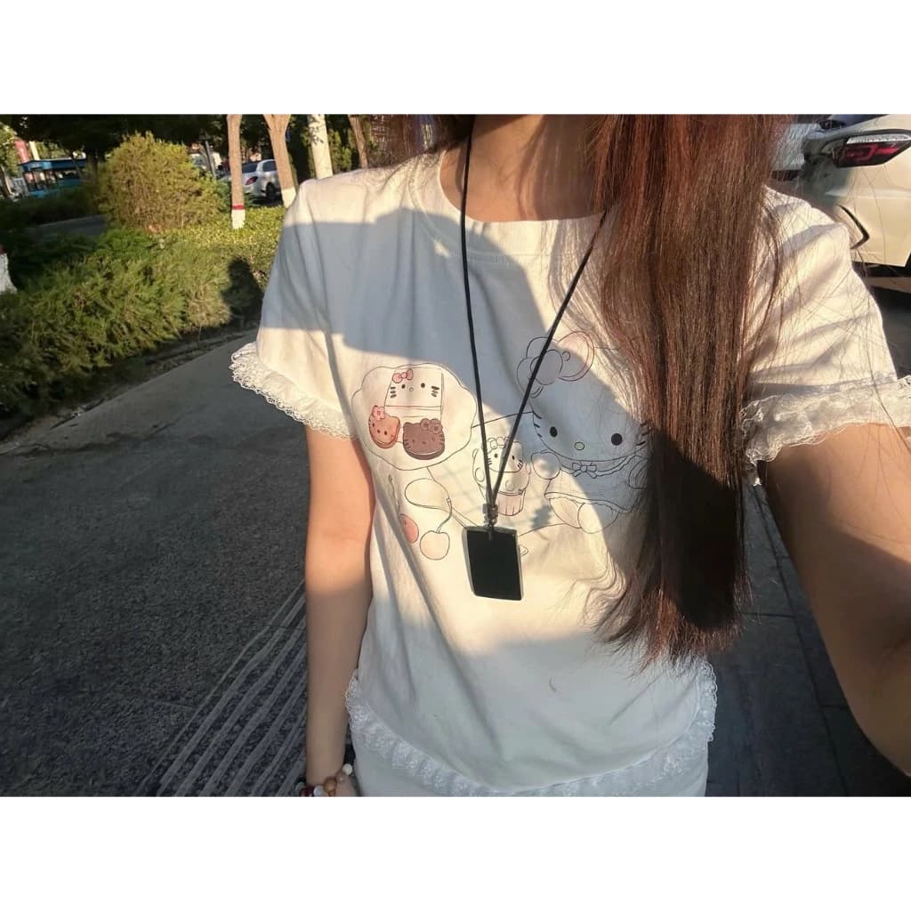 Áo baybytee áo thun kitty mix ren tay và viền áo cho Nữ chất liệu coton