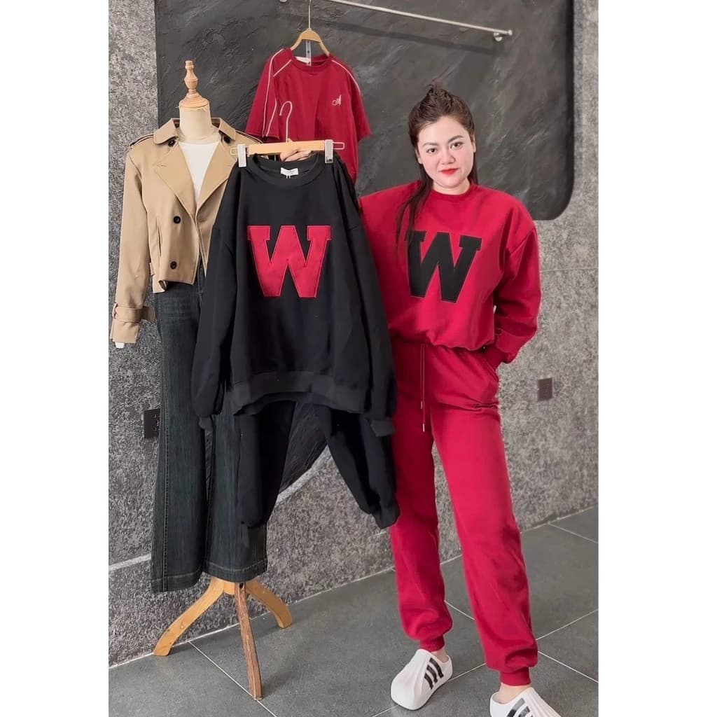 [BIGSIZE] 496 Set Bộ Thể Thao Nữ Nỉ 2 Da Áo SWT Rộng Thêu W Kèm Quần Cạp chun Năng Động, bộ thu đông