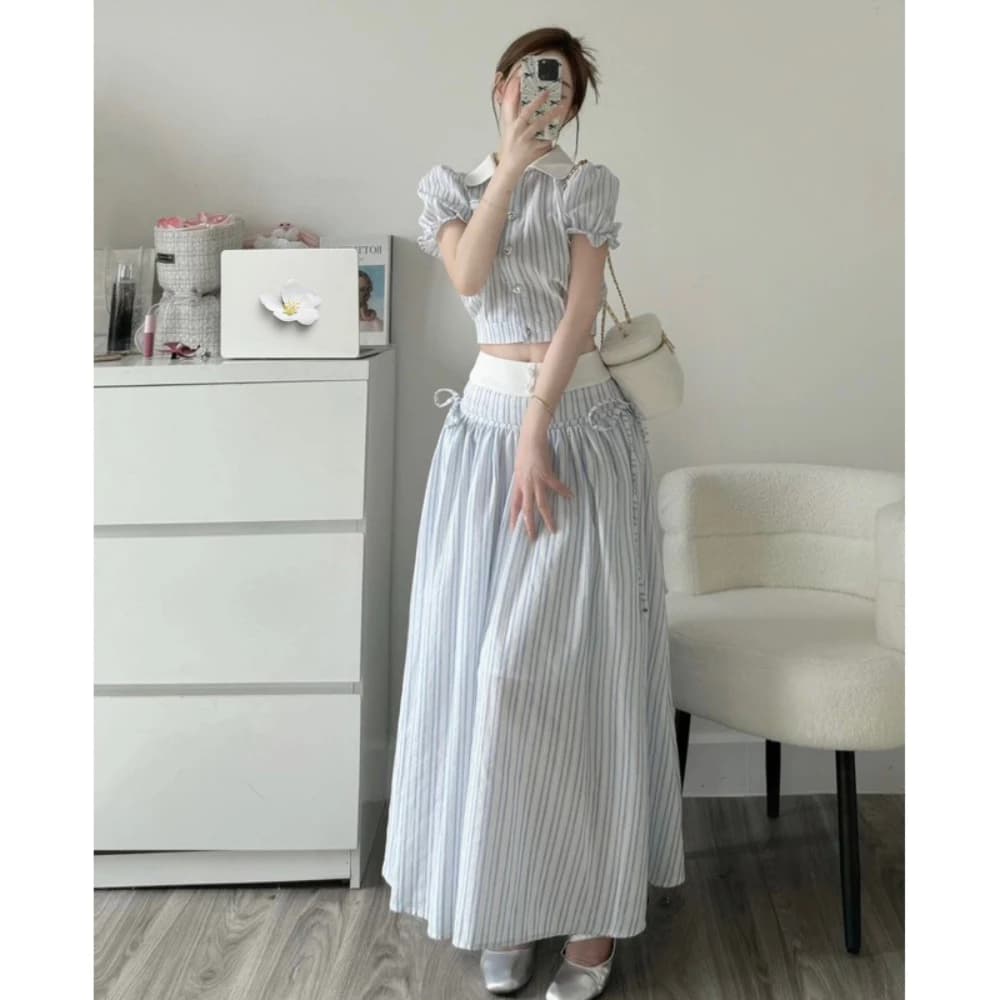 BERIE SET• Set 2 món| Áo sơ mi kẻ xanh cổ sen croptop tay bèo kèm chân váy dài phối nơ hông tiểu thư/LALASTUDIO