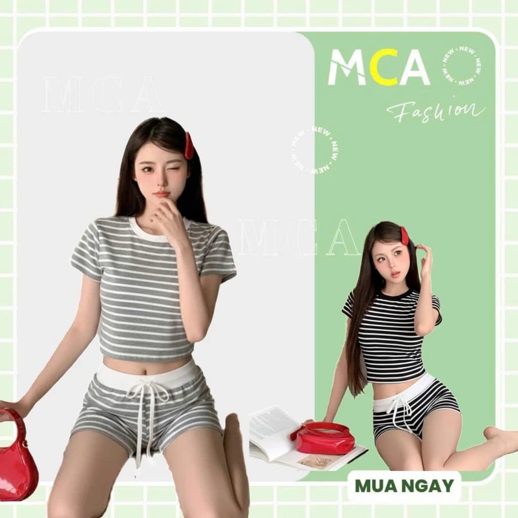 [Video Sp Thực Tế] Set Áo Thun Babytee Phối Kèm Quần Ngắn MCA Kiểu Kẻ Sọc Năng Động S097