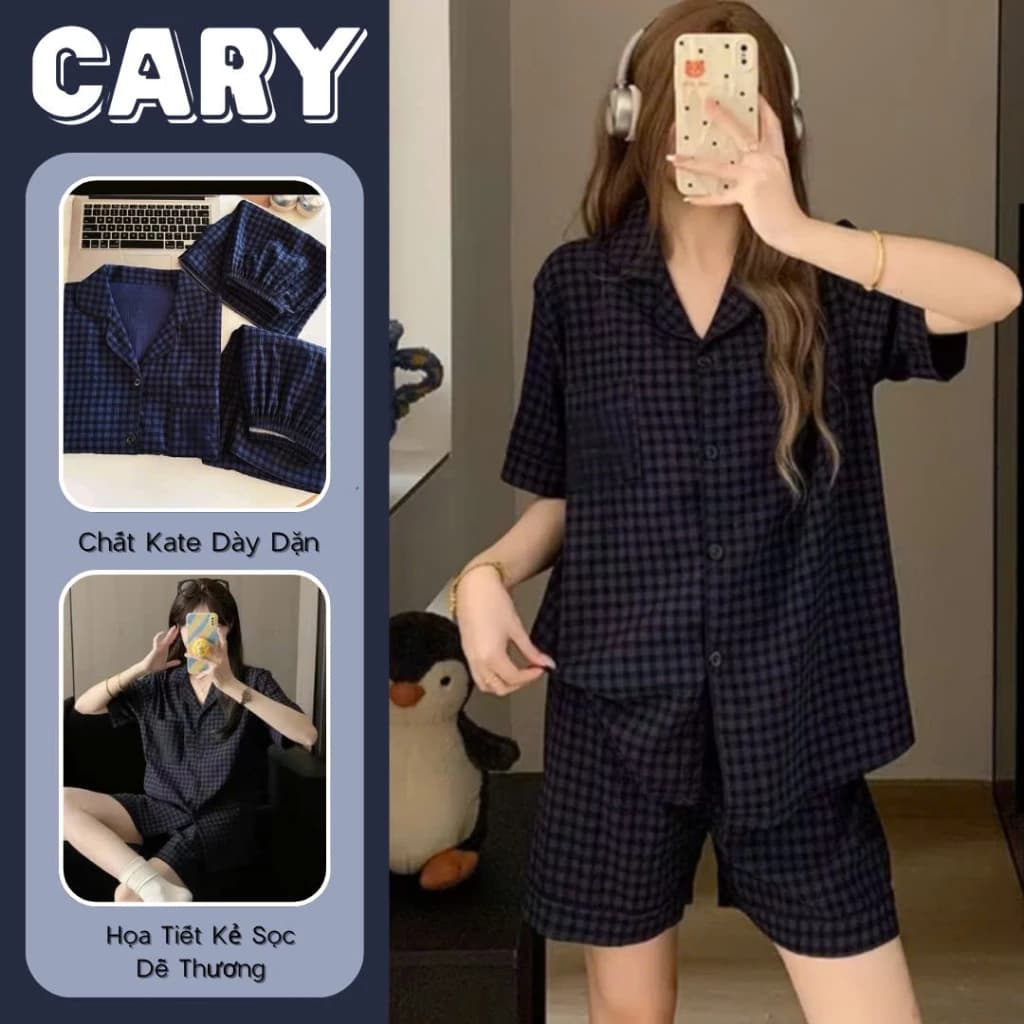 Bộ đồ ngủ, set pijama mặc ở nhà nữ họa tiết sọc caro form rộng tay ngắn quần đùi mùa hè CARY