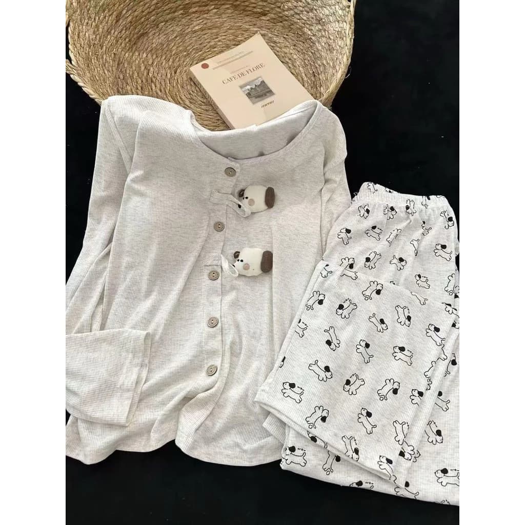 Pyjama Nữ Dài Tay Chất Thun Gân (Ribbed) | Bộ Đồ Ngủ Họa Tiết Chú Chó Cute
