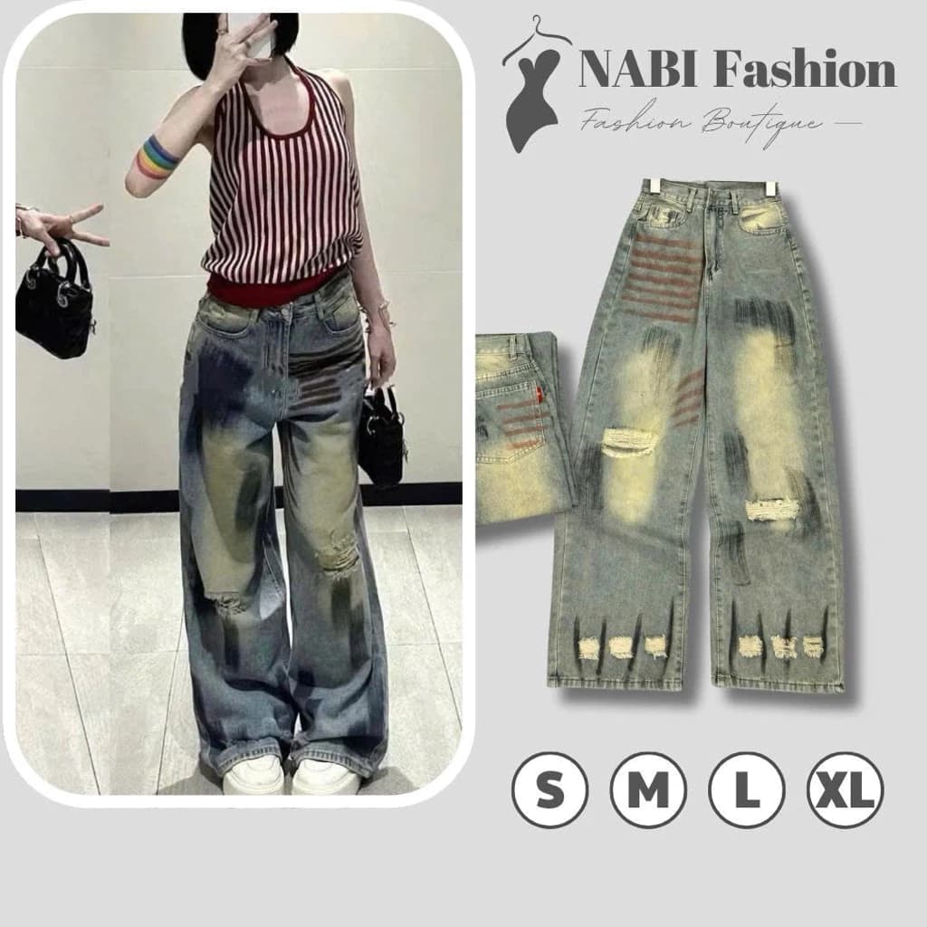 Quần Jeans Nữ Ống Suông Rách  Loang Vệt  Phối Màu Trước Sau, Quần Ống Rộng NABI Fashion Ánh Vàng Bụi Tạo Kiểu Cá Tính
