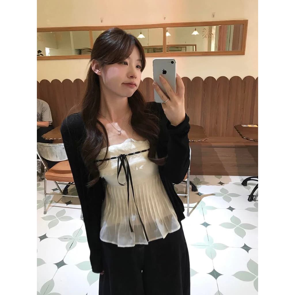 Set áo quây màu trắng dễ thương đi kèm áo cardigan khoác ngoài tay dài hàng QCCC #tuntunshopp