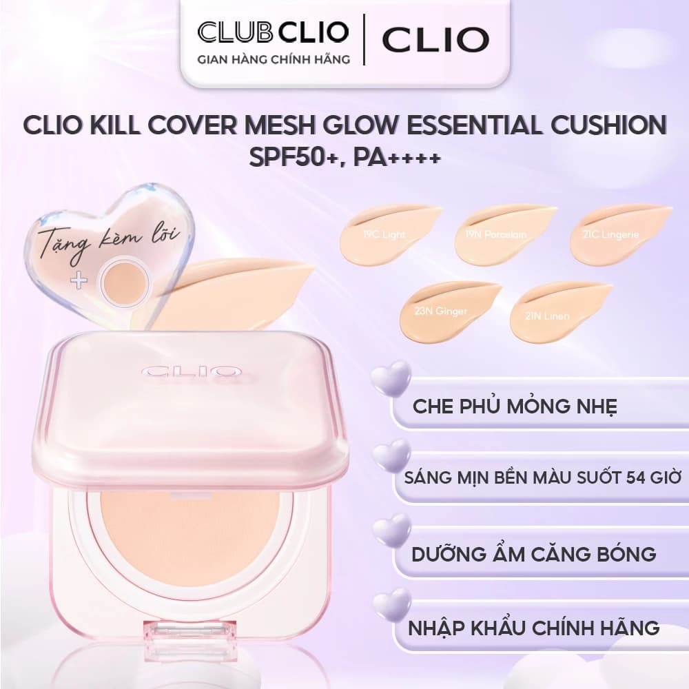 [BẢN NÂNG CẤP] Phấn Nước Cushion CLIO Kill Cover Mesh Glow Essential 15g SPF50+ PA++++ Che Phủ Khuyết Điểm Tự Nhiên