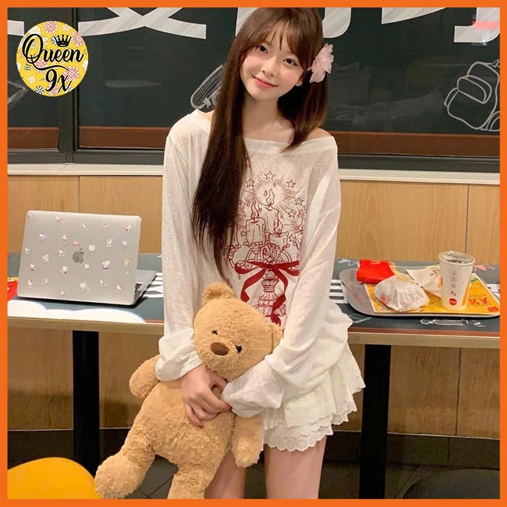 Áo thun dài tay form rộng chất thun giấy mỏng in hình nơ đỏ dễ thương dành cho nữ