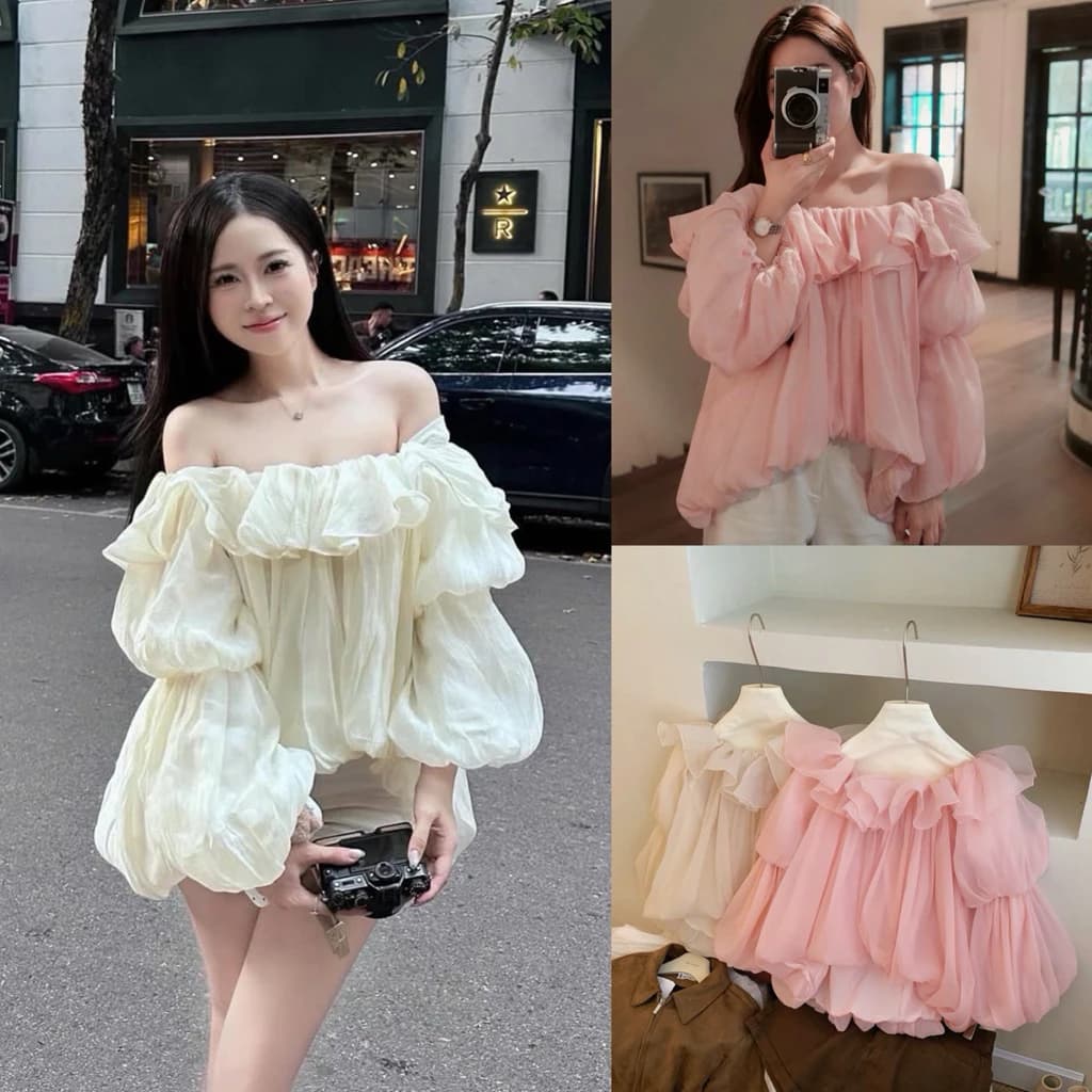 Áo trễ vai bèo voan tơ dáng bí bồng tà lệch 2 màu kem,hồng tiểu thư - Nabi Top