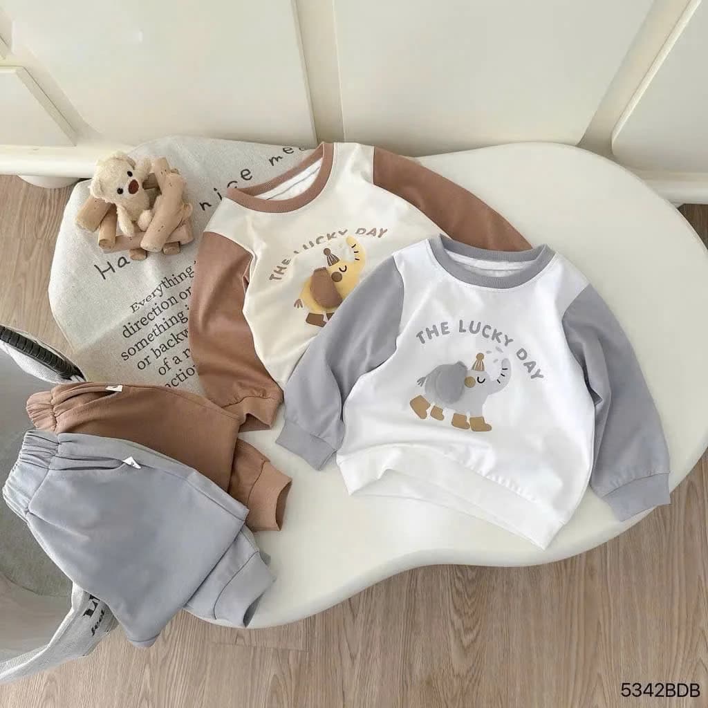 Bộ thu đông dài tay In Voi Gắn Tai chất Cotton mềm mát cho bé 8-18 kg