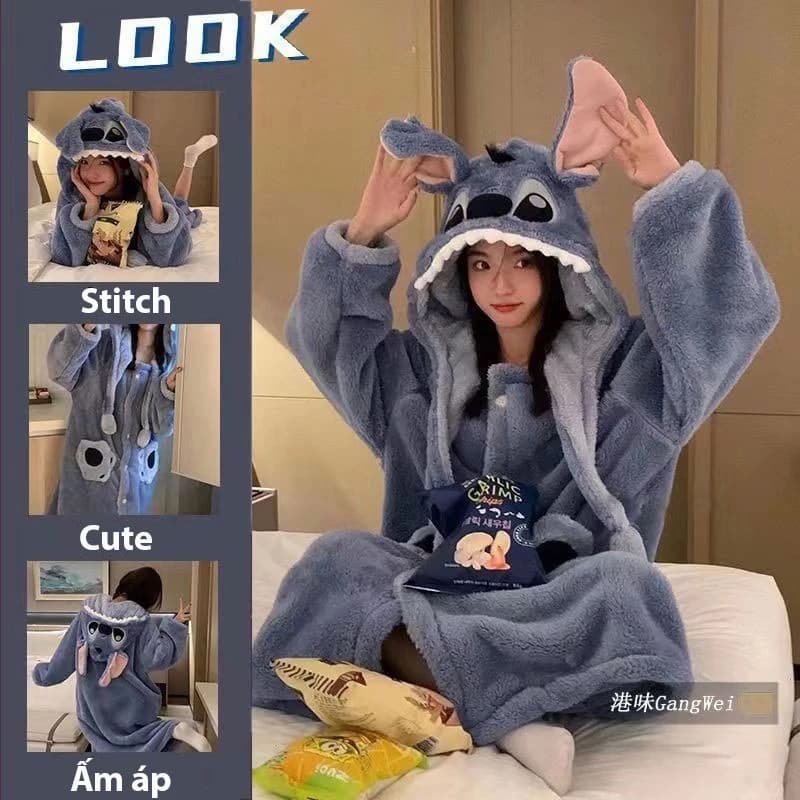 Bộ Ngủ Lông Hình Stitch Dễ Thương Unisex – Đồ ngủ đôi Pyjama Nam Nữ Mặc Mùa Đông Giữ Ấm Siêu Mềm Mại Ấm Áp