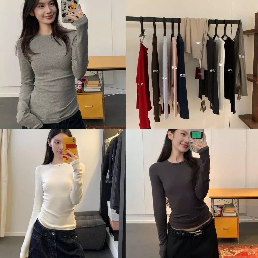 ENEN Áo Thun Nữ Tay Dài Form Ôm Body, Cổ Tròn Co Giãn Mềm Mịn Tôn Dáng Basic Hàn Quốc