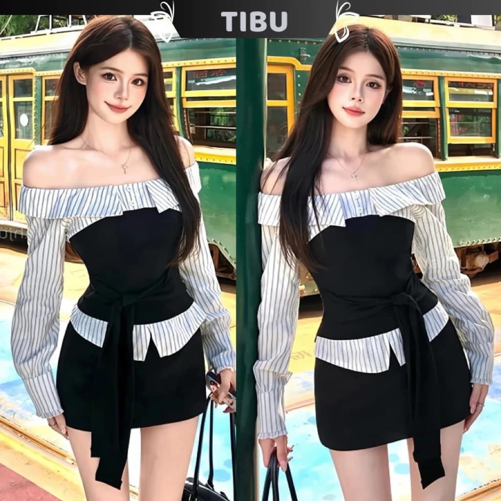 Set Áo Trễ Vai Buộc Eo Kẻ Sọc Phối Chân Váy TIBU Set Đồ Nữ Sang Chảnh Đi Chơi Dạo Phố Thu Đông B626