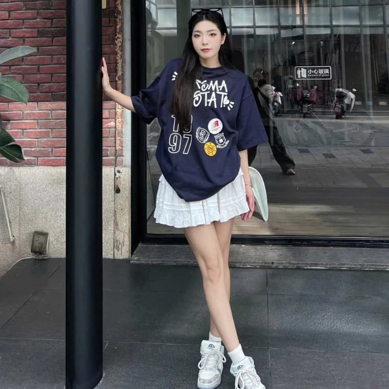 [RẺ VÔ ĐỊCH] Đầm Thun Emo Áo Kèm Chân Váy -Váy dáng suông form rộng tay lỡ in chữ vintage