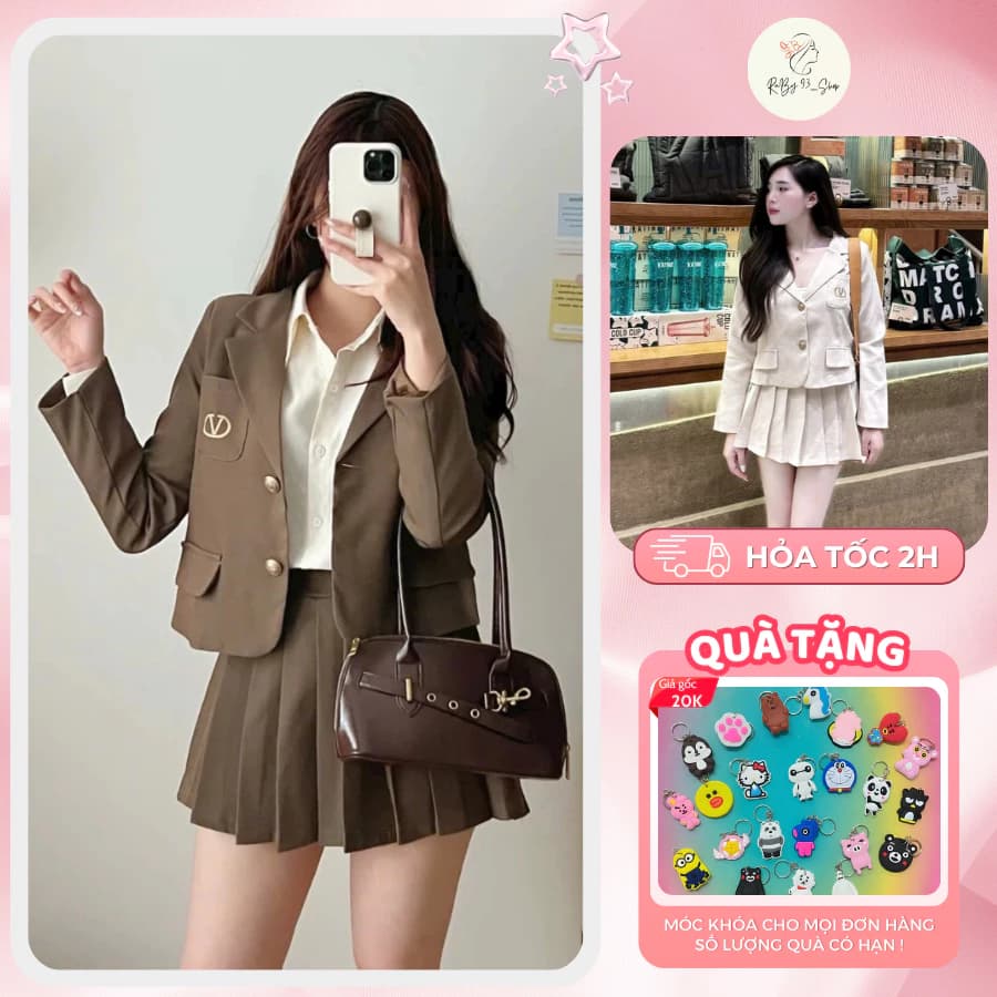 Set Vest Nữ Và Chân Váy Xếp Ly Khoác Blazer Nắp Túi Giả áo khoác ngoài blazer nữ kẻ 2 lớp dài tay Hàn Quốc