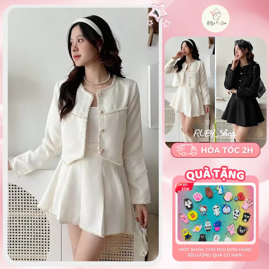 Sét dạ Tweed cổ tàu dài tay dáng Croptop kèm chân váy xòe xếp ly, Sét dạ ren cổ tàu 2 lớp kèm chân váy tennis