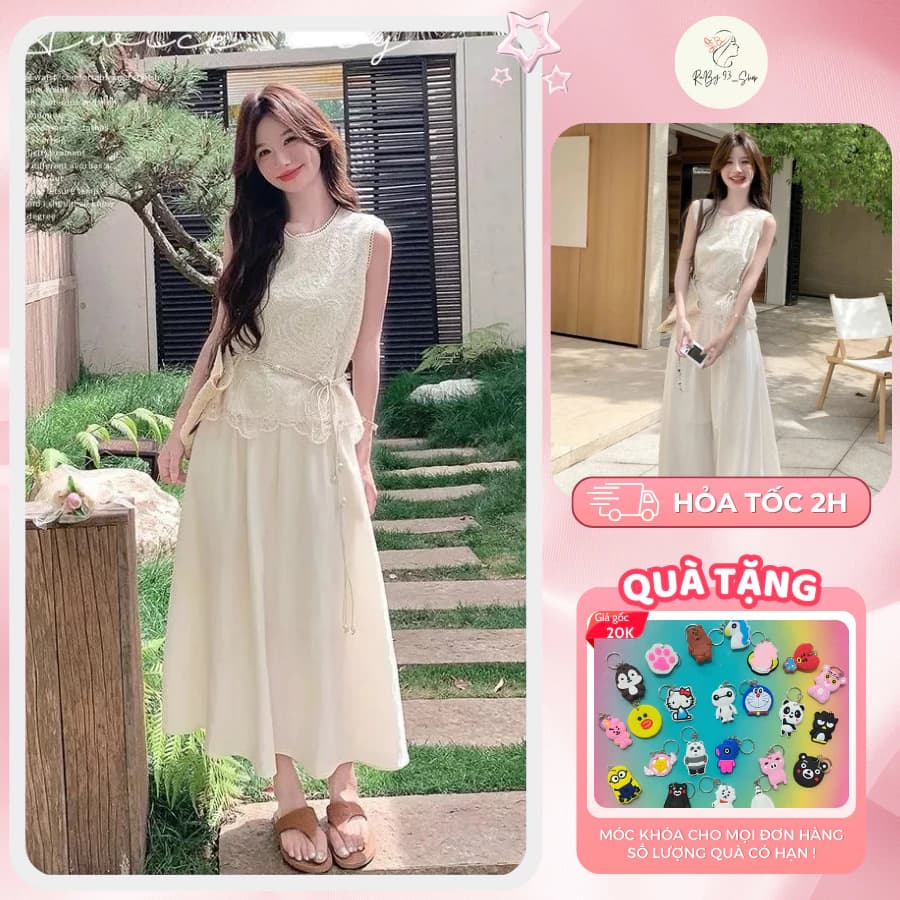 [Tặng kèm Đai] Set váy dài nàng thơ set áo chân váy dài tiểu thư, áo ren kèm váy dáng dài nhẹ nhàng nàng thơ dễ phối đồ