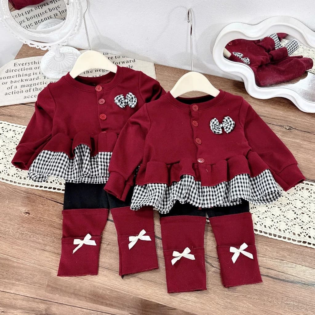 Đồ bộ lông thỏ cho bé gái Tukibaby sz 8-18kg màu đỏ noel, set đồ cho bé gái áo+quần legging 2 màu đỏ sữa