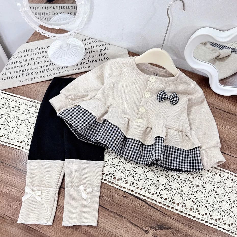 Đồ bộ thu đông cho bé gái Tukibaby chất len lông thỏ sz 8-18kg đính nơ xinh xắn, set đồ cho bé gái áo+quần legging