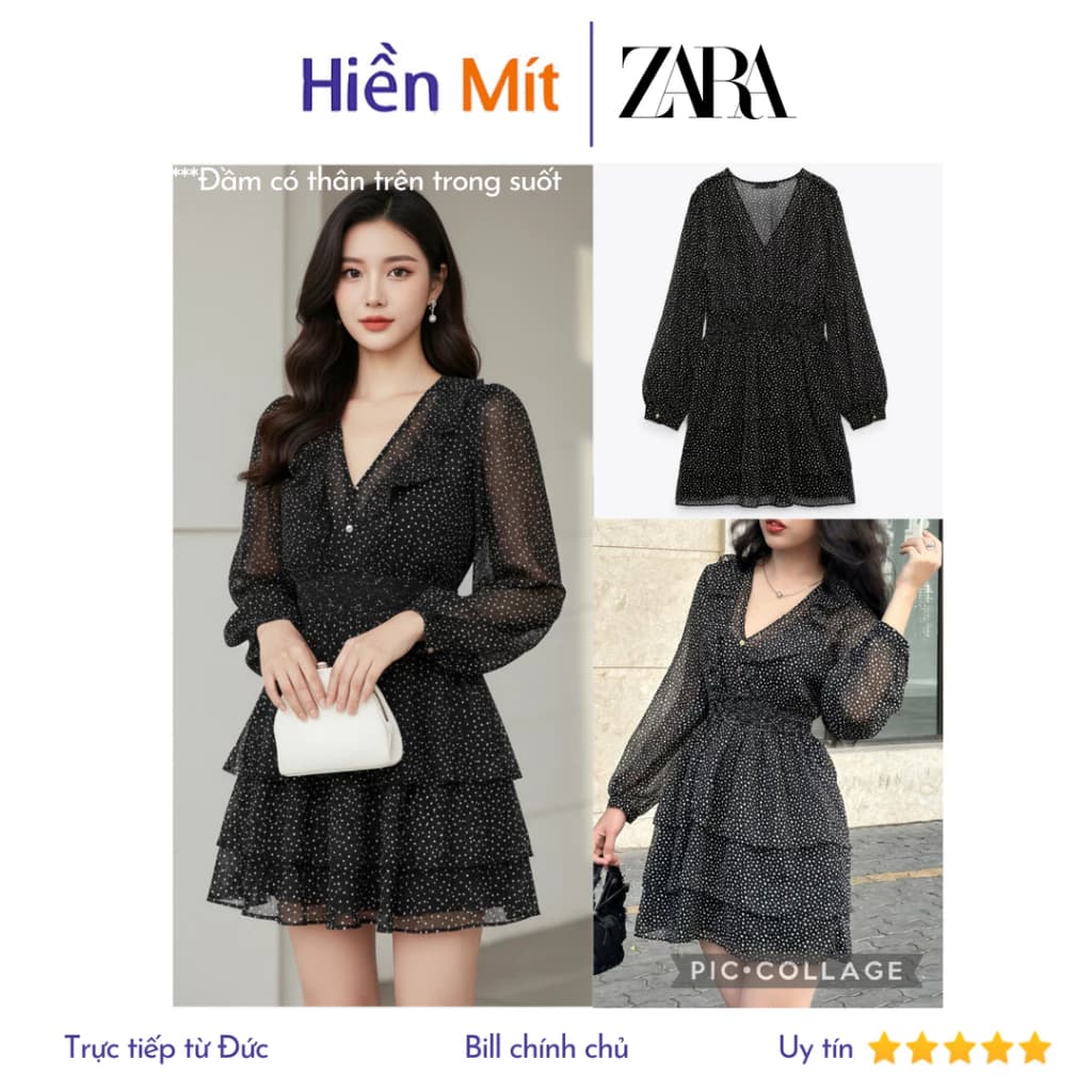 ZARA Đức - Đầm ngắn dáng xòe tay dài bèo voan cổ V đen chấm bi trắng chiết eo co giãn sale auth new tag có sẵn 2587/168