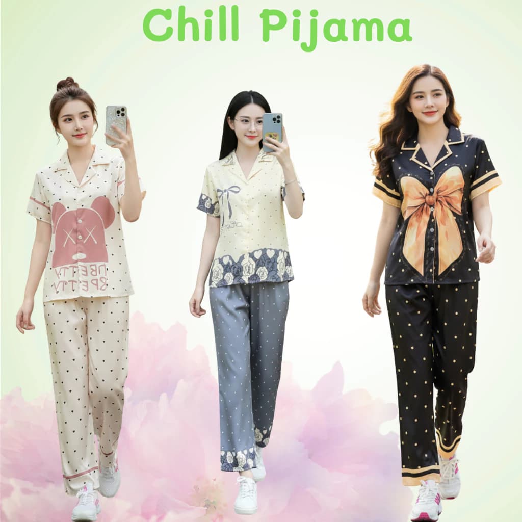 [Chill Pijama] Bộ Pijama Lụa Cát Mặc Nhà Nữ Siêu Mềm Mát Không Nhăn Áo Cộc Quần Dài