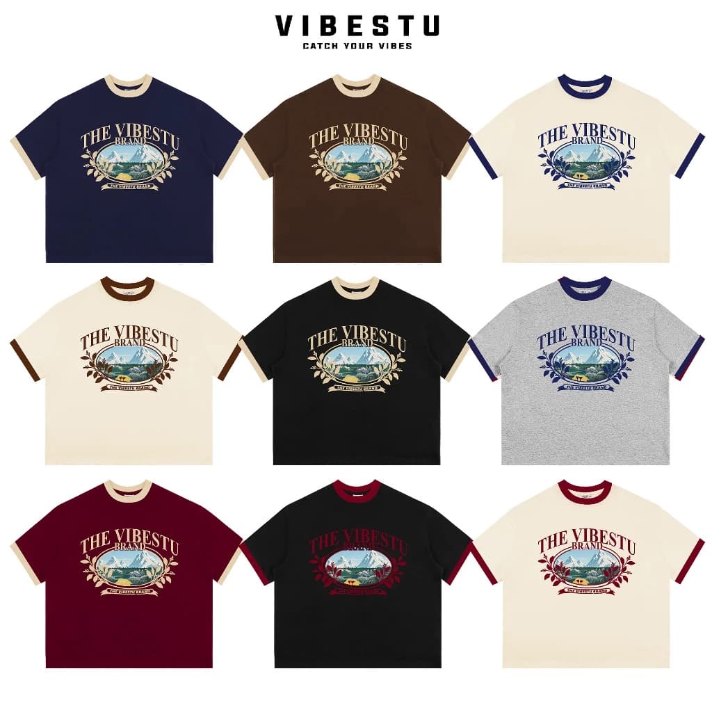 Áo Thun Phối Tay Local Brand VIBESTU " Mountain ", Áo Thun Boxy Form Rộng Unisex 250Gsm Cotton