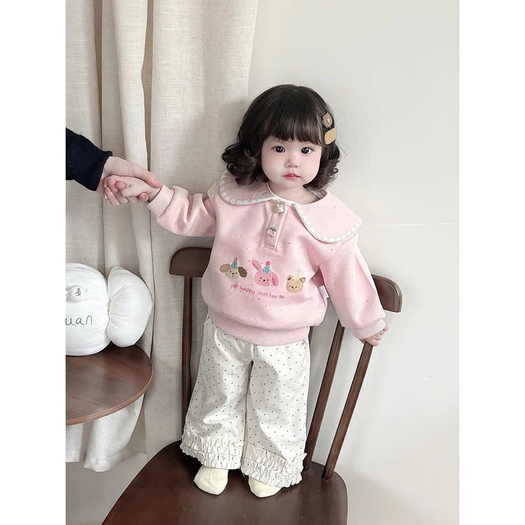 bộ nỉ cho bé gái áo cổ sen trụ thêu hoạ tiết xinh xắn cho bé