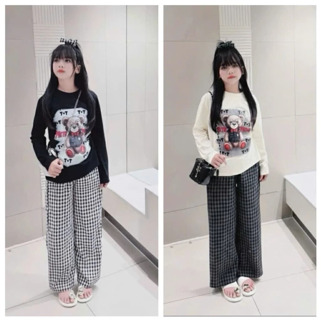 Bộ quần áo dài tay thu đông bé gái in hình gấu trước áo size 9-45kg (ms31)