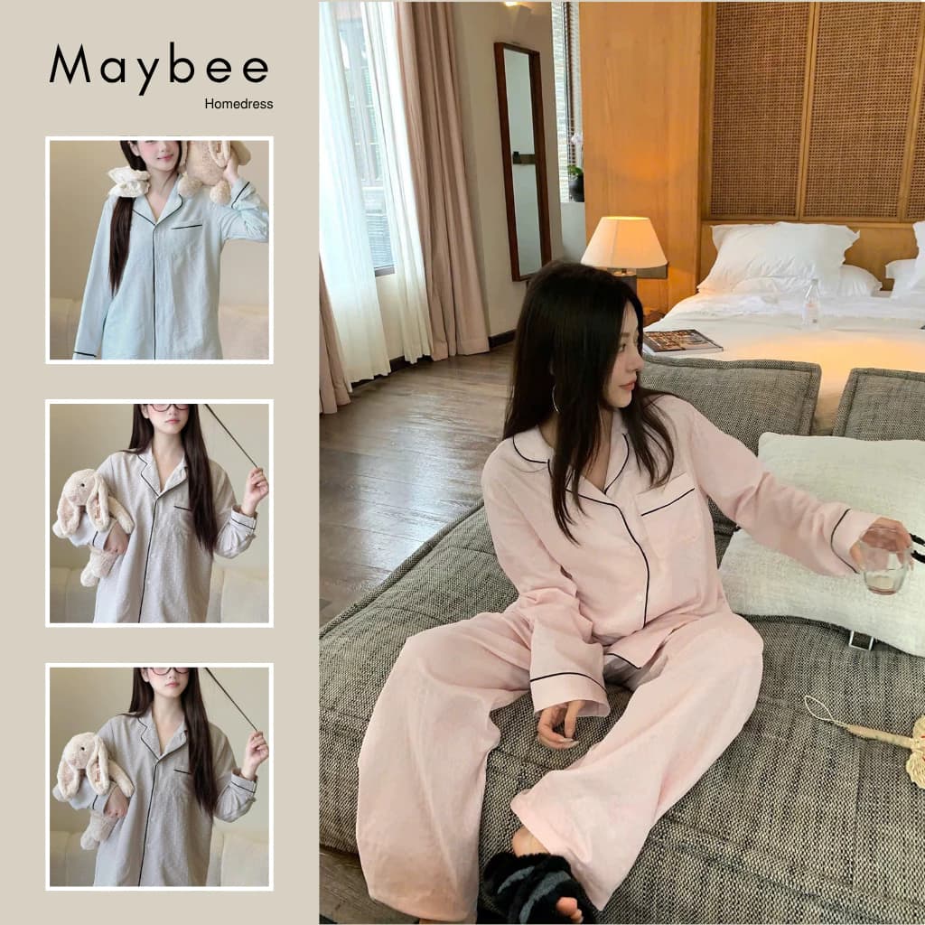 MB-SET-014 Maybee.Homedress Bộ Ngủ Dài Tay Chấm Bi Vuông Mờ Viền Đen Dáng Rộng – Mềm Mịn, Thoải Mái